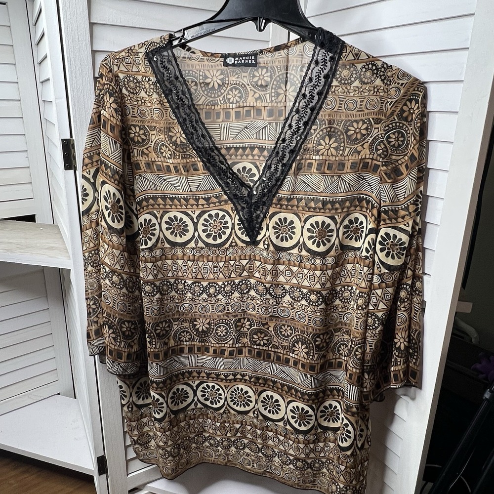 Maggie Barnes Sheer Tunic Lace‎ V-Neck Brown Geometric Floral Women's *1X-read